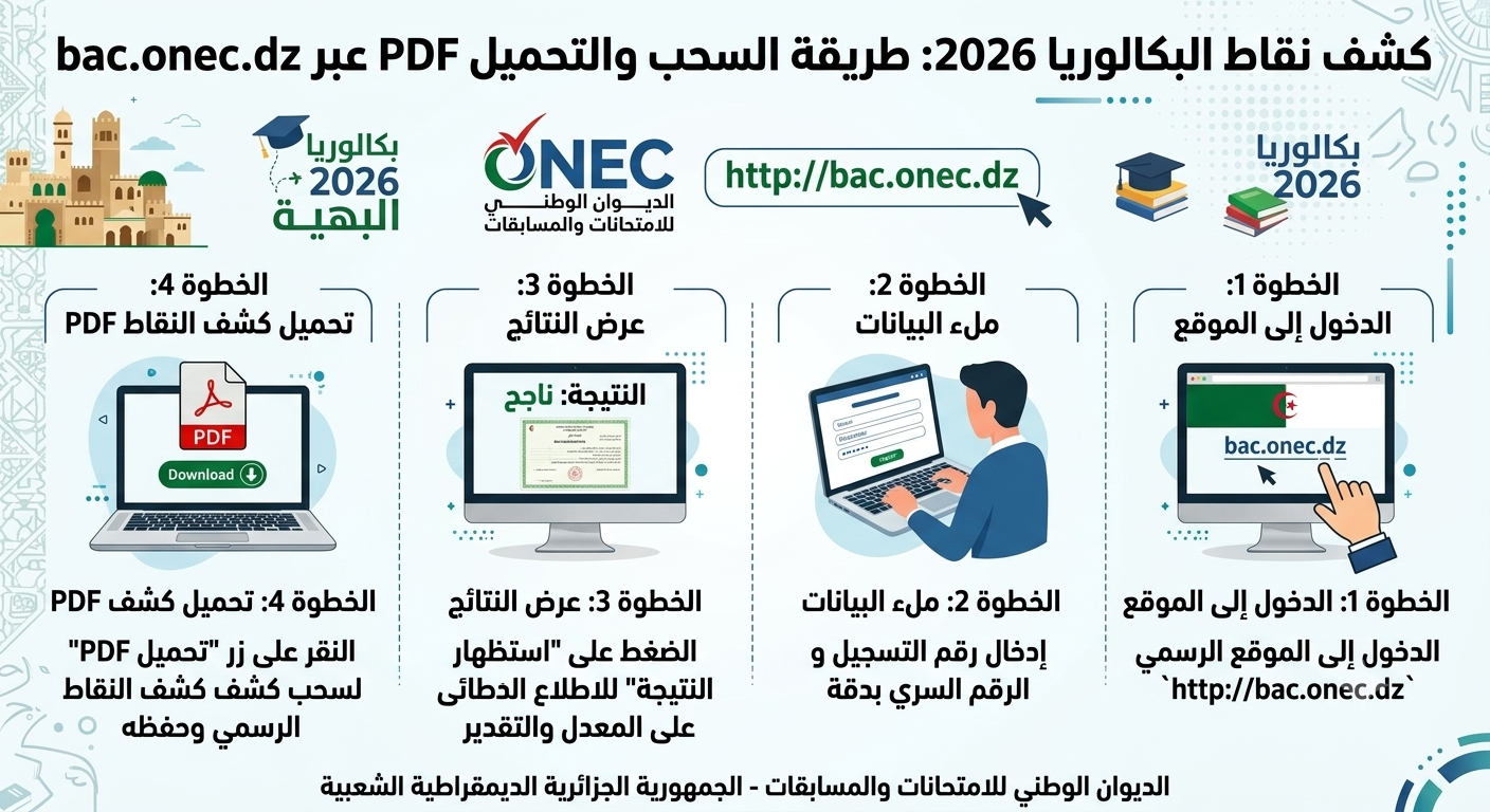 كشف نقاط البكالوريا 2026: طريقة السحب والتحميل PDF عبر bac.onec.dz